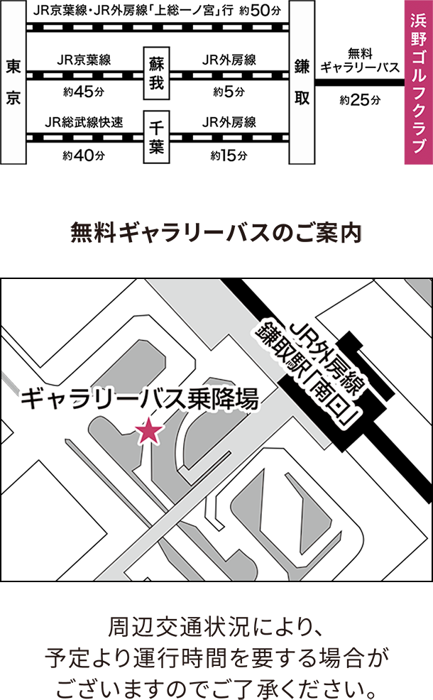 鎌取駅から浜野ゴルフクラブまでの案内マップ及び、無料ギャラリーバス乗降場のご案内