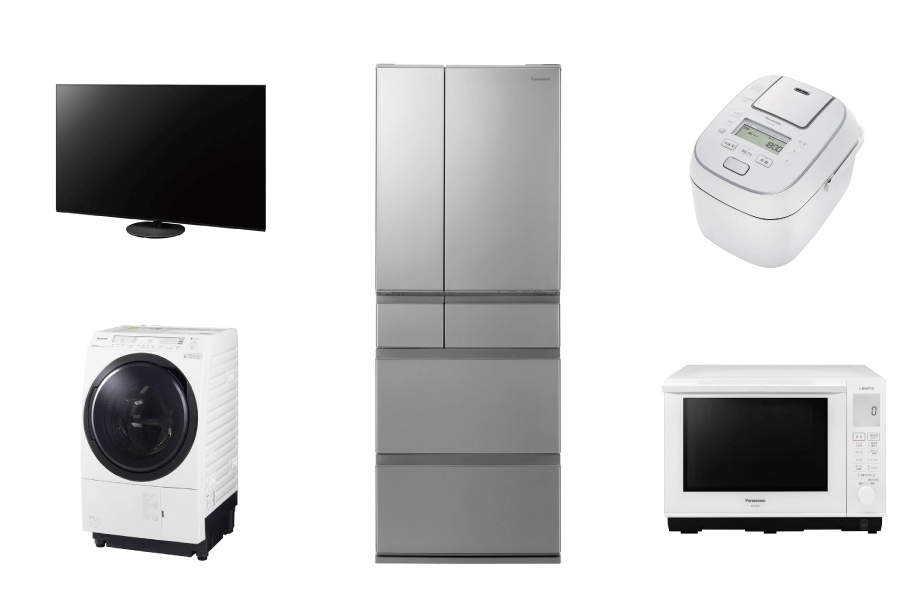 写真：テレビ、洗濯機、冷蔵庫、炊飯器、電子レンジ