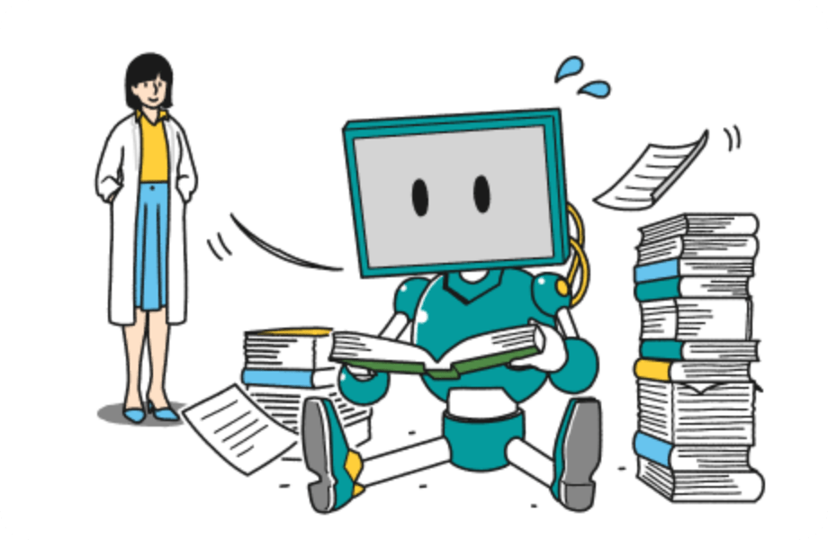 白衣の女性の近くでロボットが本を読んで何かを学習しているイラスト