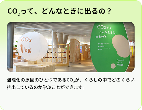 CO2って、どんなときに出るの？温暖化の原因のひとつであるCO2が、くらしの中でどのくらい排出しているのか学ぶことができます。