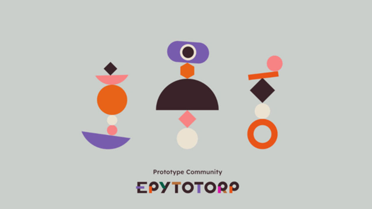 Prototype Community EPYTOTORPのイメージイラスト　グレーの画面上にカラフルな幾何学模様を積み重ねたものが3つ並んでいる