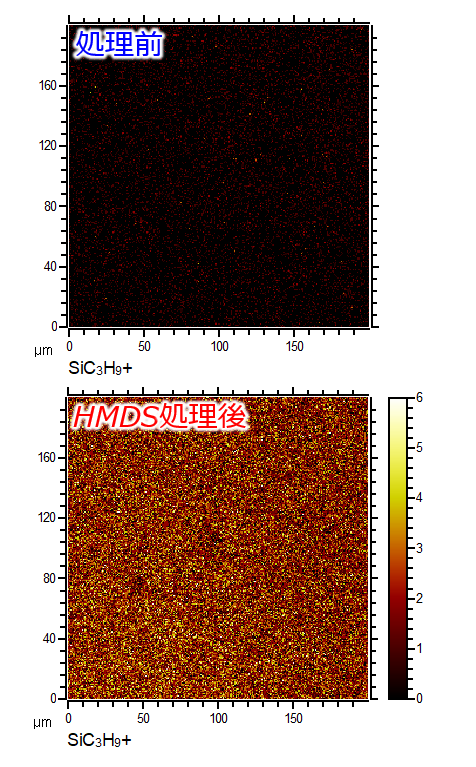 HMDS処理前後でのTOF-SIMS分析結果（二次元マッピング）（処理前・HMDS処理後）