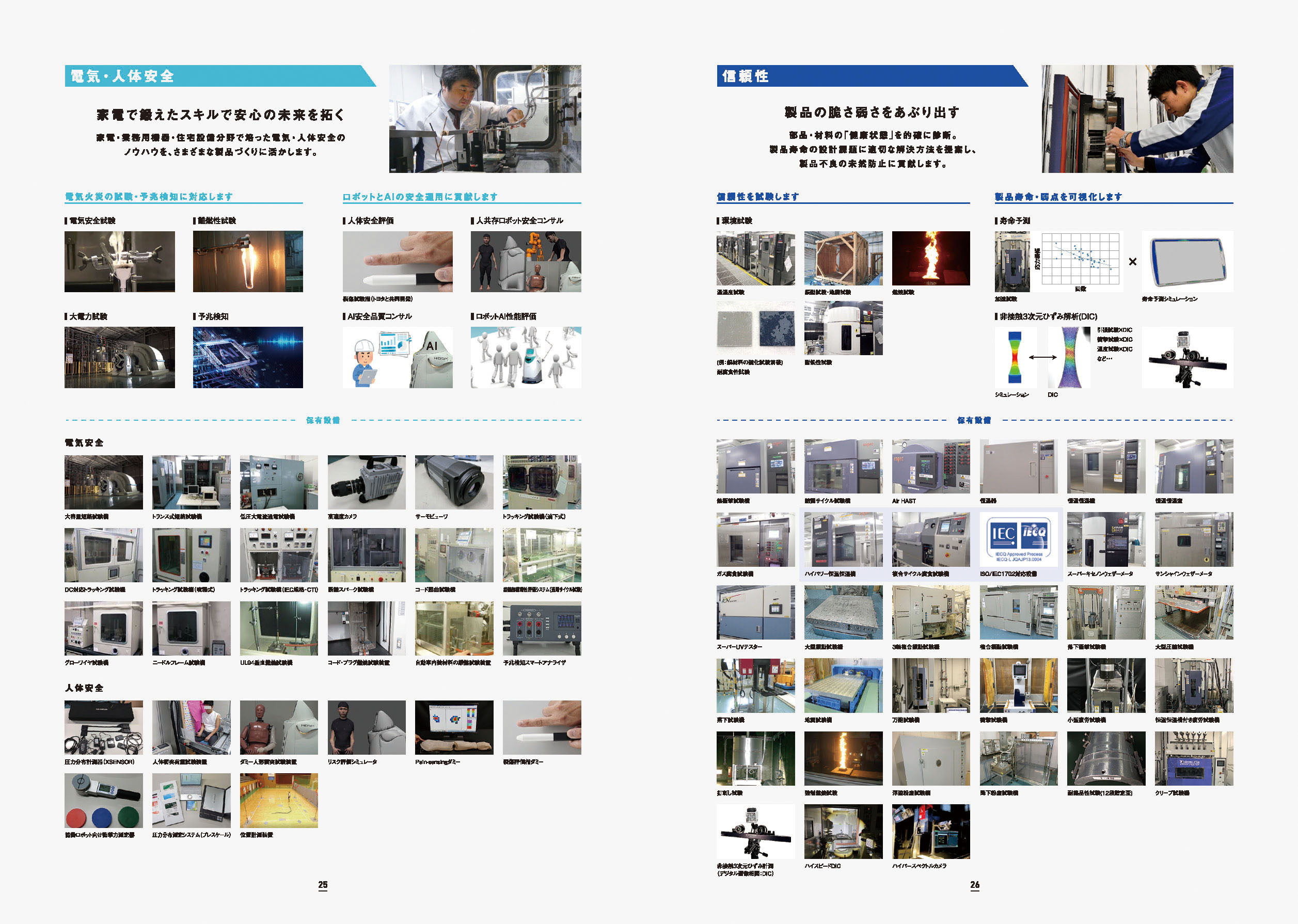 パンフレット__p25/p26　7つの提供価値を支えるコア技術　電気・人体安全：家電で鍛えたスキルで安心の未来を拓く（電気火災の試験、予兆検知に対応します・ロボットとAIの安全適用に貢献します）　信頼性：製品の脆さ弱さをあぶり出す（信頼性を試験します・製品寿命、弱点を可視化します）