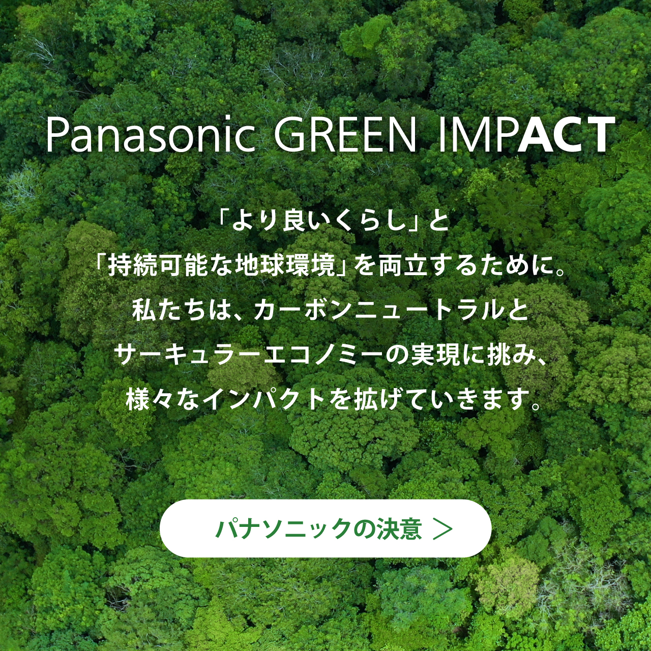Panasonic GREEN IMPACT 「より良いくらし」と 「持続可能な地球環境」を両立するために。 私たちは、カーボンニュートラルと サーキュラーエコノミーの実現に挑み、様々なインパクトを拡げていきます。 パナソニックの決意