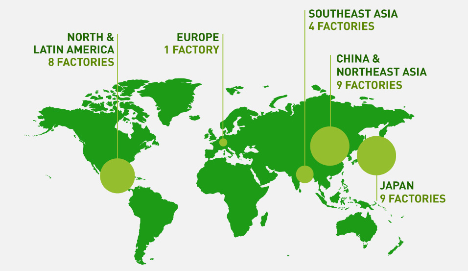 A world map showcasing the expansion of net zero CO2 factories. As of 2023, a total of 31 locations, including 8 in North, Central, and South America, 1 in Europe, 4 in Southeast Asia, 9 in China and Northeast Asia, and 9 in Japan, have achieved net zero CO2 emissions.