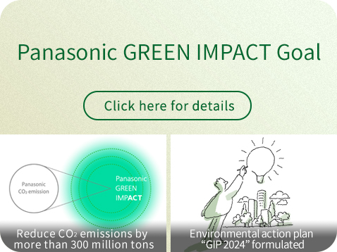 Panasonic GREEN IMPACT Goal Reduce CO2 emissions by more than 300 million tons Environmental action plan "GIP 2024" formulated Click here for details