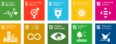 SDGs目標3,5,6,7,10,11,12,13,15,16