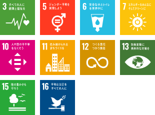 SDGs目標3,5,6,7,10,11,12,13,15,16