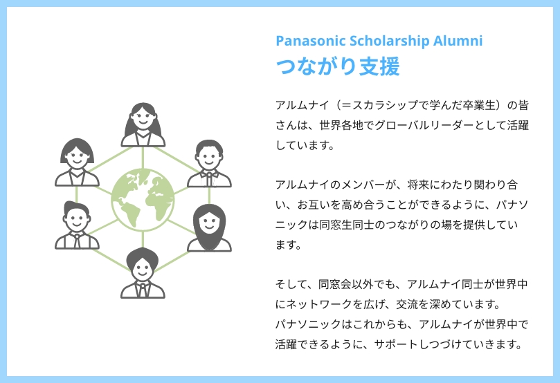 Panasonic Scholarship Alumni　つながり支援　 アルムナイ（＝スカラシップで学んだ卒業生）の皆さんは、​世界各地でグローバルリーダーとして活躍しています。​アルムナイのメンバーが、​将来にわたり関わり合い、お互いを高め合うことができるように、​パナソニックは同窓生同士のつながりの場を提供してい ます。​そして、同窓会以外でも、アルムナイ同士が世界中にネットワークを広げ、交流を深めています。​パナソニックはこれからも、アルムナイが世界中で活躍できるように、​サポートしつづけていきます。​