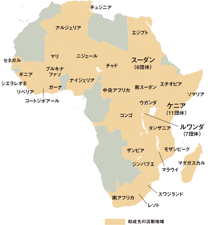 助成先の活動地域は、ケニア（11団体）、ルワンダ（7団体）、スーダン（6団体）、チュジニア、アルジェリア、エジプト、セネガル、マリ、ニジェール、チャド、ギニア、ブルキナファソ、ナイジェリア、シエラレオネ、リベリア、コートジボアール、ガーナ、中央アフリカ、南スーダン、エチオピア、ソマリア、ウガンダ、コンゴ、タンザニア、ザンビア、モザンビーク、ジンバブエ、マラウイ、マダガスカル、南アフリカ、スワジランド、レソト