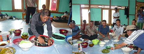 Photo left: People prepare lunch./Photo right: The health center of Marsedan Raya village