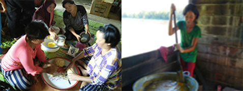 Photo left: Process in making fish powder by woman/Photo right: Process in making fish cake by woman