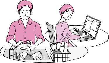 イラスト：自宅で洗い物をするCさんと、PCを開いて仕事をするパートナー