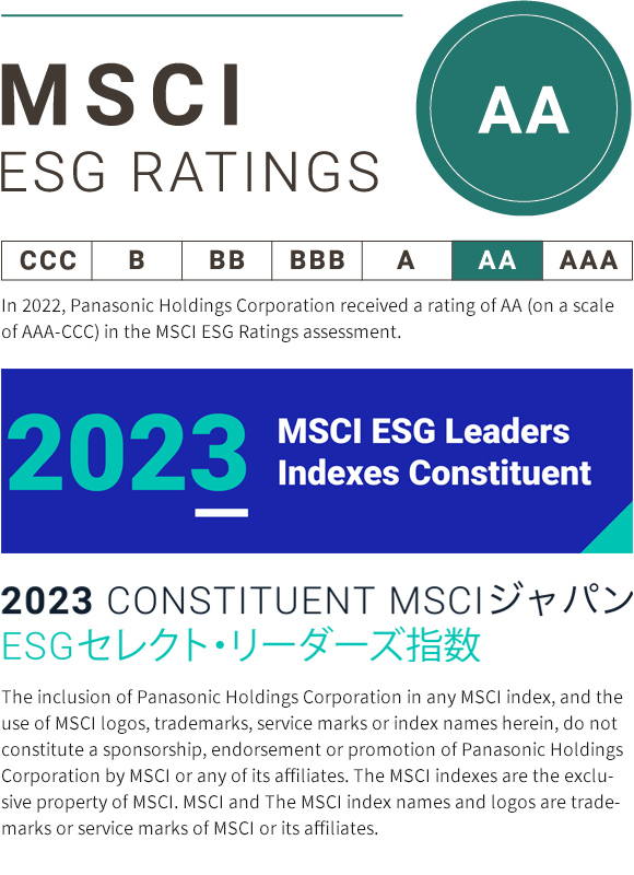 MSCI ESG RATINGS AA In 2022, Panasonic Holdings Corporation received a rating of AA (on a scale of AAA-CCC) in the MSCI ESG Ratings assessment. 2023 MSCI ESG Leaders Indexes Constituent 2023 CONSTITUENT MSCIジャパンESGセレクト・リーダーズ指数 The inclusion of Panasonic Holdings Corporation in any MSCI index, and the use of MSCI logos, trademarks, service marks or index names herein, do not constitute a sponsorship, endorsement or promotion of Panasonic Holdings Corporation by MSCI or any of its affiliates. The MSCI indexes are the exclusive property of MSCI. MSCI and The MSCI index names and logos are trademarks or service marks of MSCI or its affiliates.