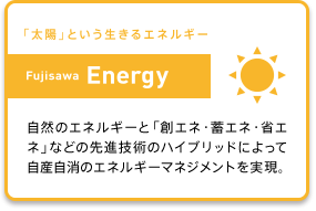 (「太陽」という生きるエネルギー Fujisawa Energy) 自然のエネルギーと「創エネ・蓄エネ・省エネ」などの先進技術のハイブリッドによって自産自消のエネルギーマネジメントを実現。