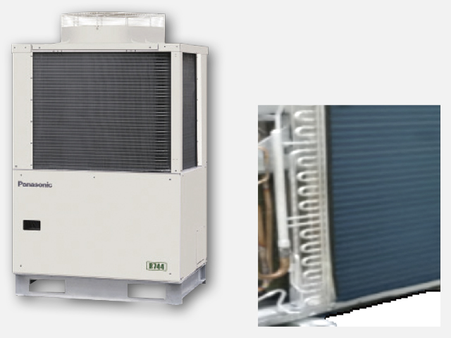 写真：CO2冷凍機全体と、アルミ熱交換部のアップ