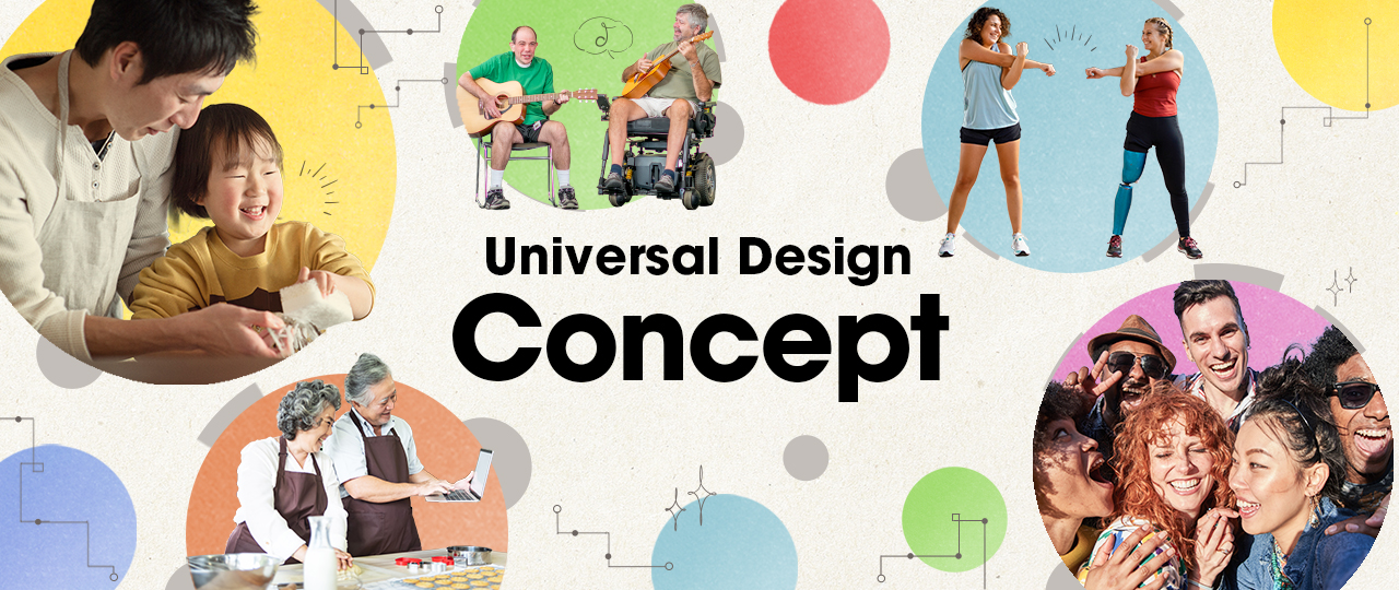 The Universal Design concept, a scene with a family doing housework with smiles, a scene of a man in a wheelchair enjoying music with his friends, an elderly couple enjoying cooking while looking at a recipe on their computer, a woman enjoying exercising alongside a woman with a prosthetic leg, and smiling people from different nationalities gathered together.