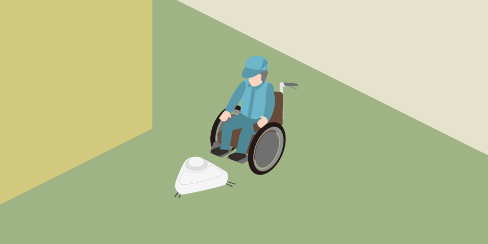イラスト：車椅子ユーザーの清掃スタッフがロボットを使ってオフィスを清掃する例。UDaaS（Universal Design as a Service）のイメージ。